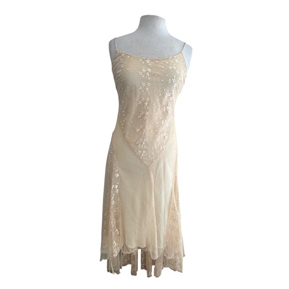 Polka USA Vintage Mesh Lace Midi Dress Nude Cream Floral Embroidered Slip Dress - Picture 2 of 12